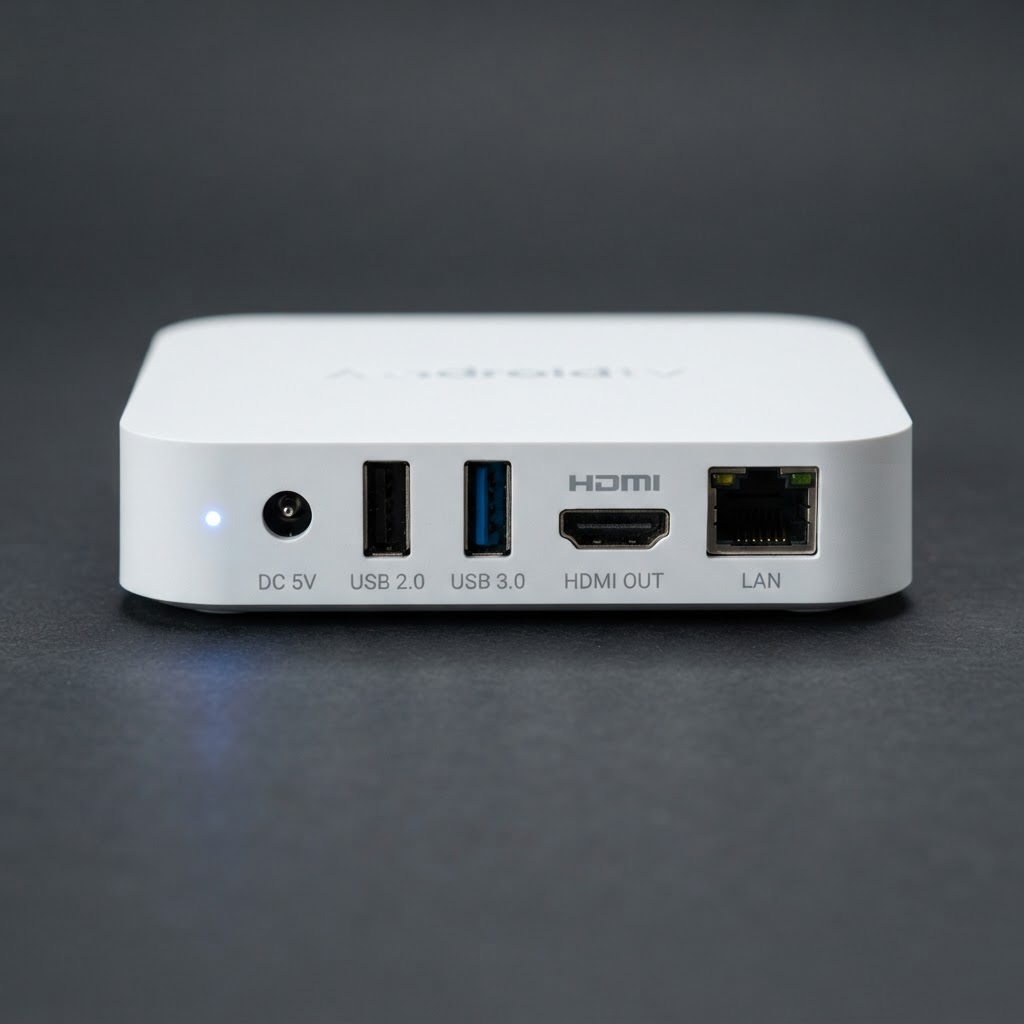 Close-up of the VseeBox ports including HDMI, USB, LAN and power